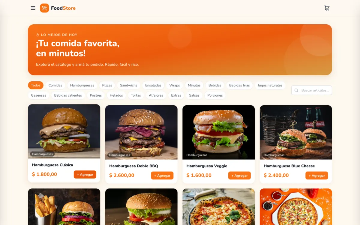 Catálogo de FoodStore, con las hamburguesas en grilla debajo del banner de ofertas