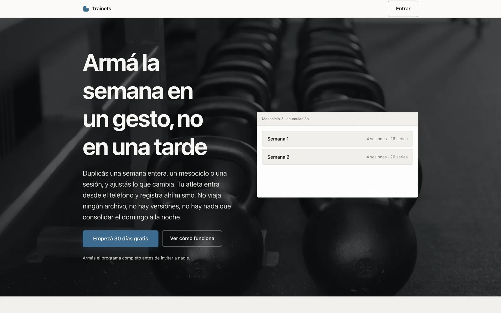 Landing de Trainets, con el programador de mesociclos a la derecha del titular